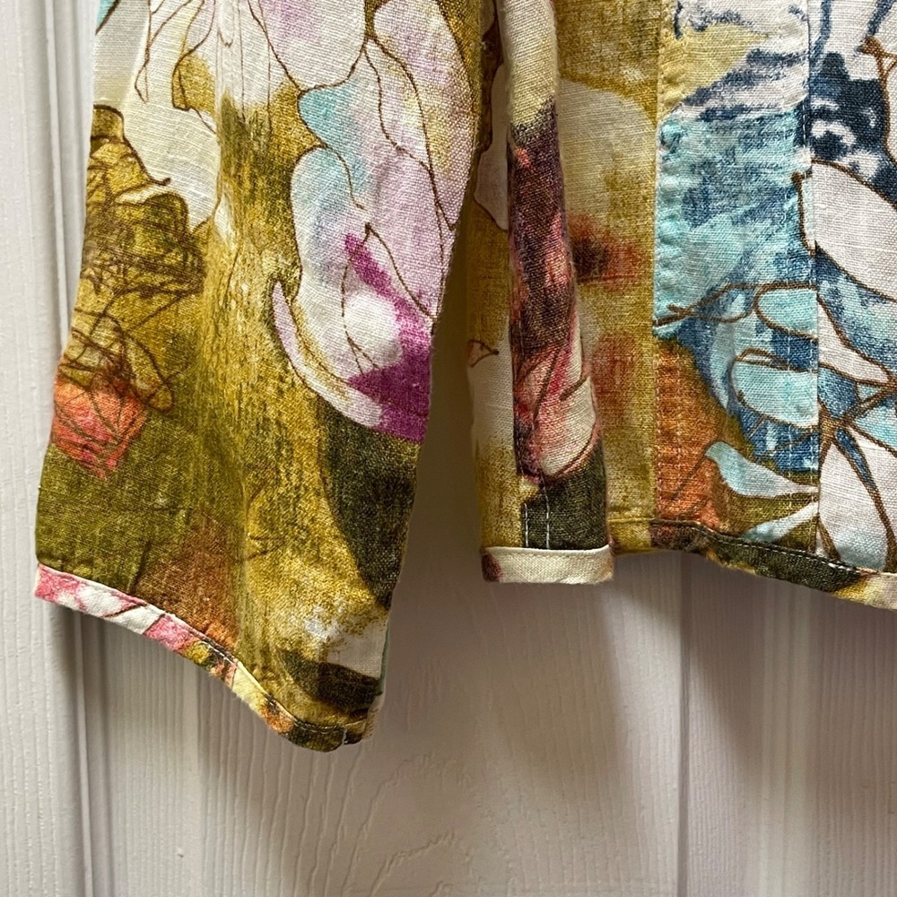 Vintage Chico's Sz 1 (M) Floral 100% Linen Shacket Shirt Jacket Lagen Artsy Boho - Picture 5 of 15